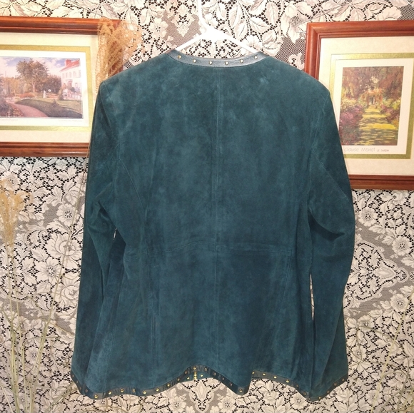 Louis Dell Olio turquoise teal 100% suede with leather trim moto zipper jacket - Picture 3 of 5